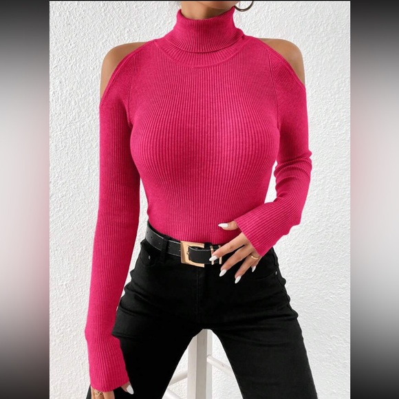 High Neck Ribbed Cold Shoulder Sweater Top Blouse Hot Pink